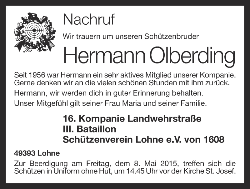  Traueranzeige für Hermann Olberding vom 06.05.2015 aus OM-Medien