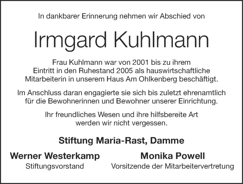  Traueranzeige für Irmgard Kuhlmann vom 20.11.2014 aus OM-Medien
