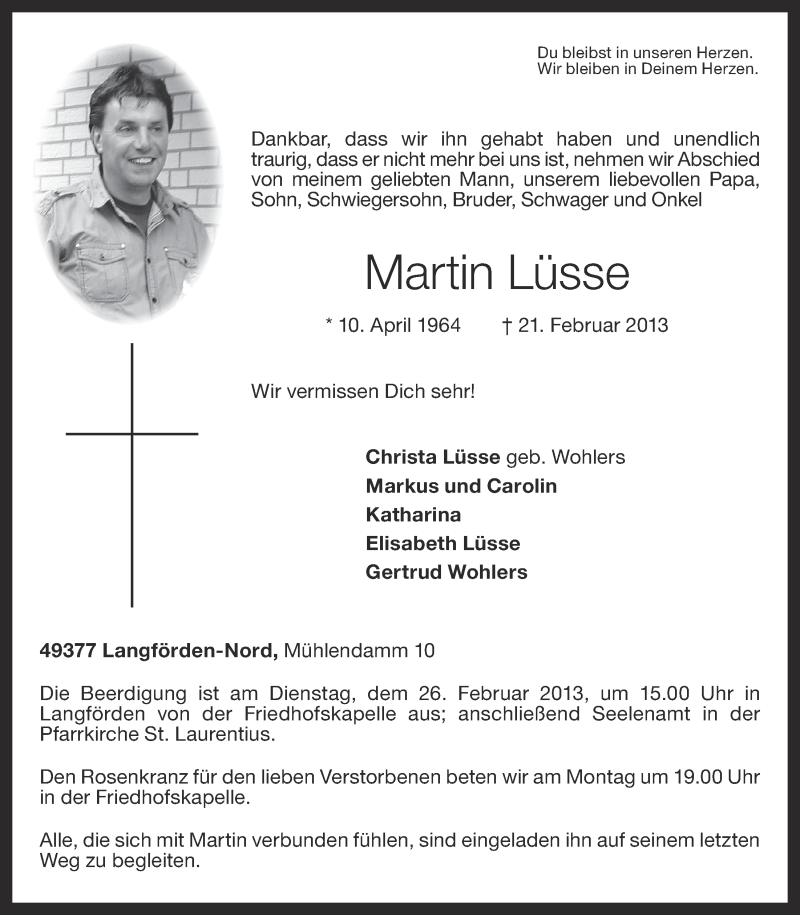  Traueranzeige für Martin Lüsse vom 23.02.2013 aus OM-Medien