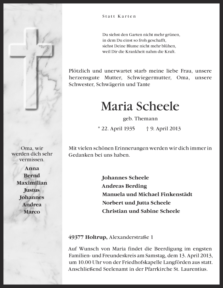  Traueranzeige für Maria Scheele vom 11.04.2013 aus OM-Medien