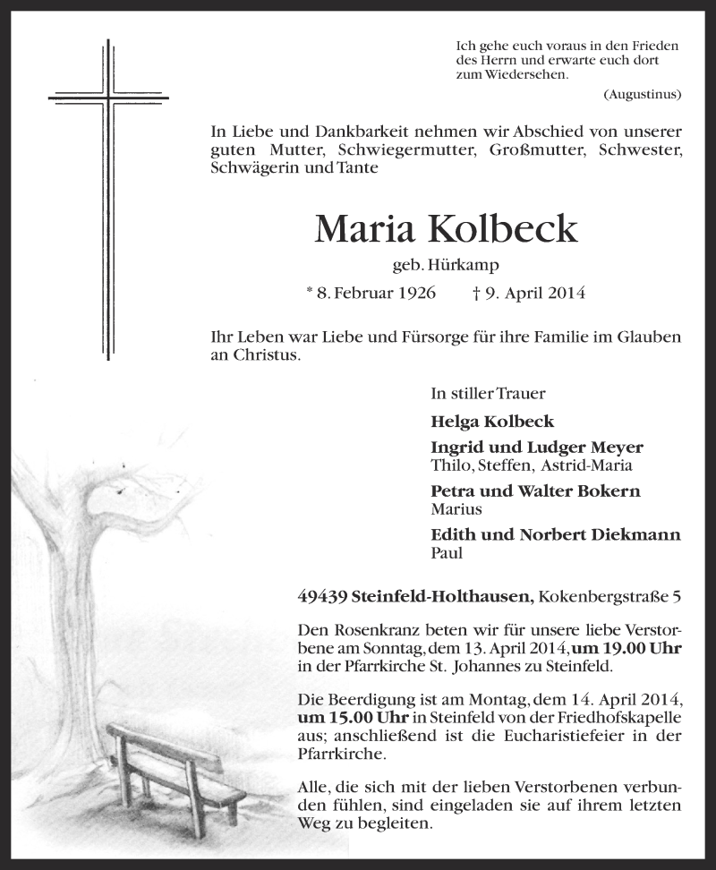  Traueranzeige für Maria Kolbeck vom 11.04.2014 aus OM-Medien