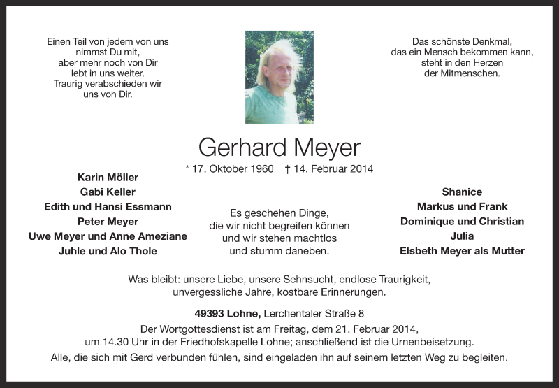  Traueranzeige für Gerhard Meyer vom 19.02.2014 aus OM-Medien