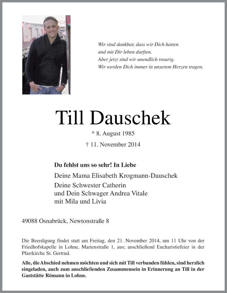  Traueranzeige für Till  Dauschek vom 19.11.2014 aus OM-Medien