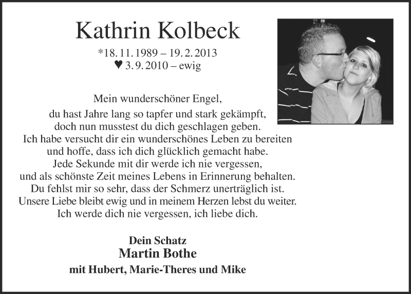  Traueranzeige für Kathrin Kolbeck vom 22.02.2013 aus OM-Medien