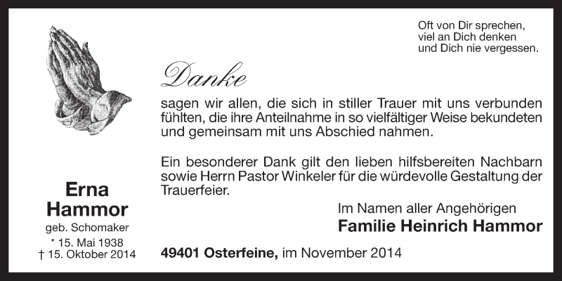  Traueranzeige für Erna Hammor vom 27.11.2014 aus OM-Medien