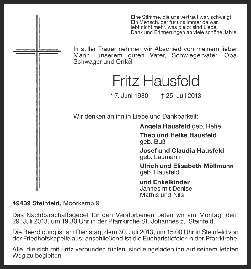  Traueranzeige für Fritz Hausfeld vom 27.07.2013 aus OM-Medien