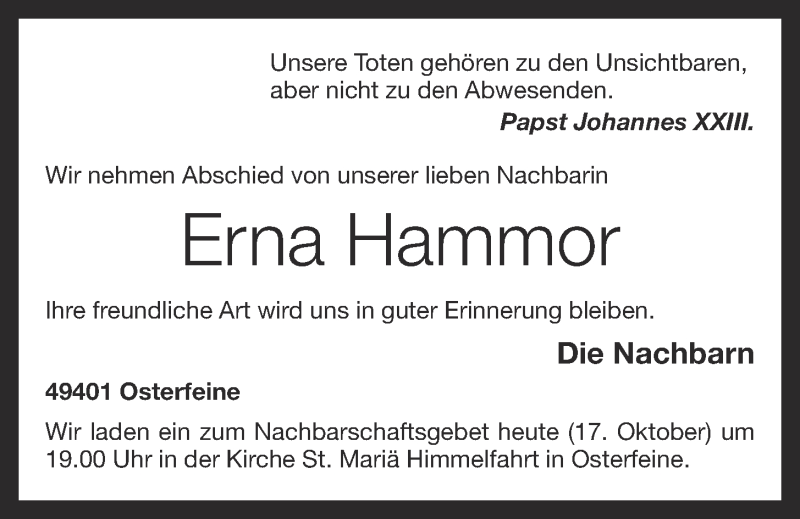  Traueranzeige für Erna Hammor vom 17.10.2014 aus OM-Medien
