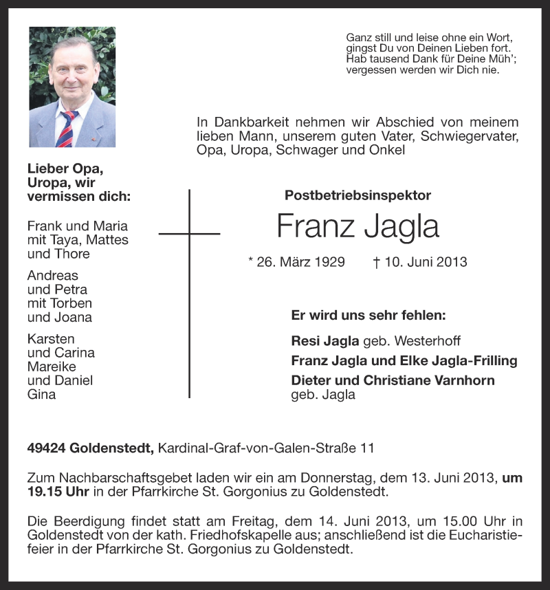  Traueranzeige für Franz Jagla vom 11.06.2013 aus OM-Medien