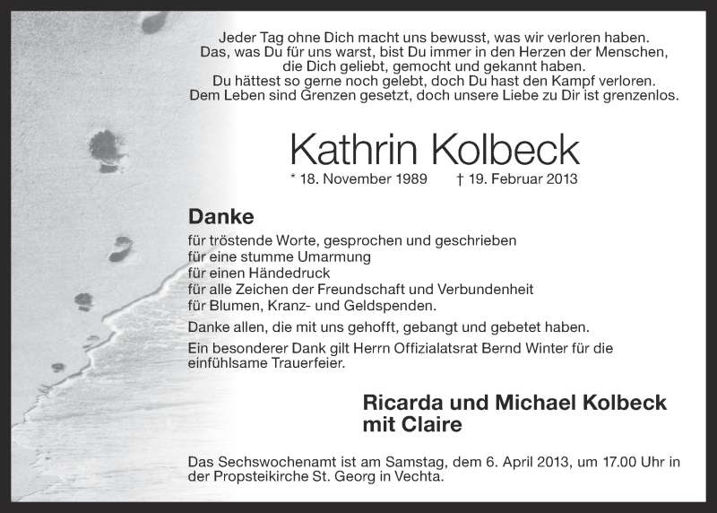  Traueranzeige für Kathrin Kolbeck vom 04.04.2013 aus OM-Medien