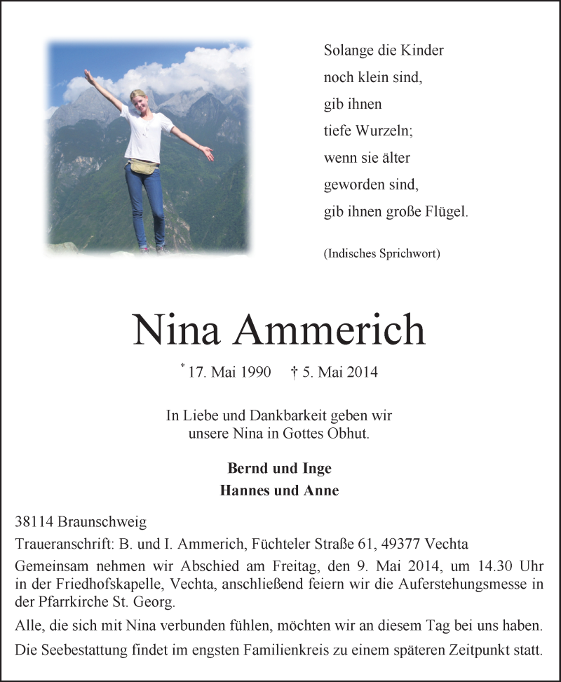  Traueranzeige für Nina Ammerich vom 07.05.2014 aus OM-Medien