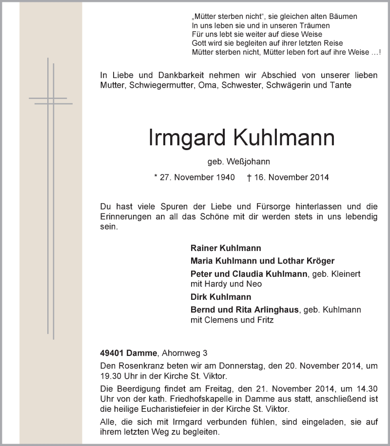  Traueranzeige für Irmgard Kuhlmann vom 18.11.2014 aus OM-Medien