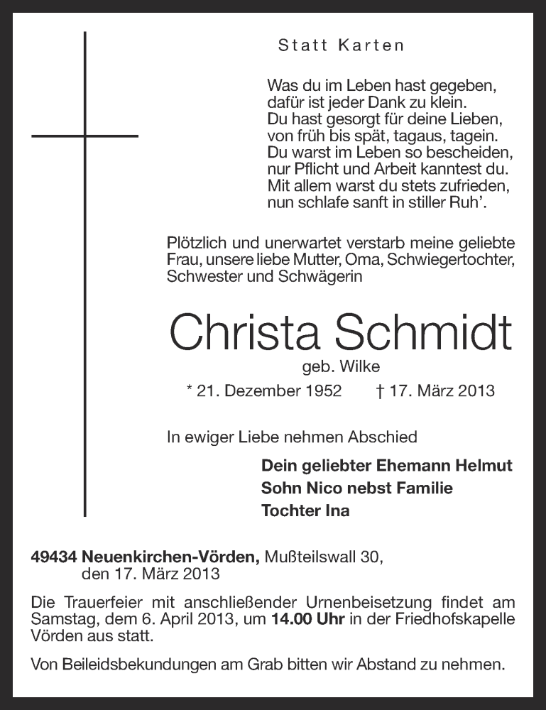  Traueranzeige für Christa Schmidt vom 02.04.2013 aus OM-Medien