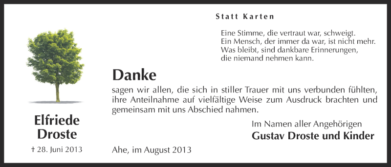  Traueranzeige für Elfriede Droste vom 10.08.2013 aus OM-Medien