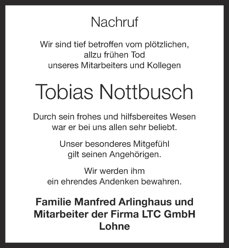  Traueranzeige für Tobias Nottbusch vom 22.08.2013 aus OM-Medien