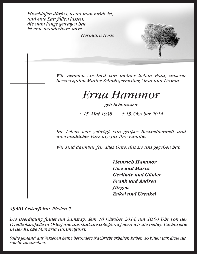  Traueranzeige für Erna Hammor vom 16.10.2014 aus OM-Medien