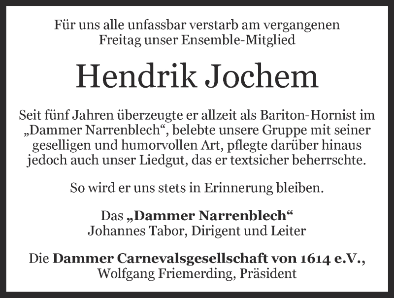  Traueranzeige für Hendrik Jochem vom 19.08.2014 aus OM-Medien
