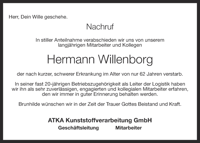  Traueranzeige für Hermann Willenborg vom 09.04.2013 aus OM-Medien