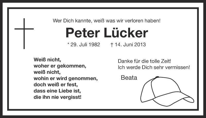  Traueranzeige für Peter Lücker vom 21.06.2013 aus OM-Medien