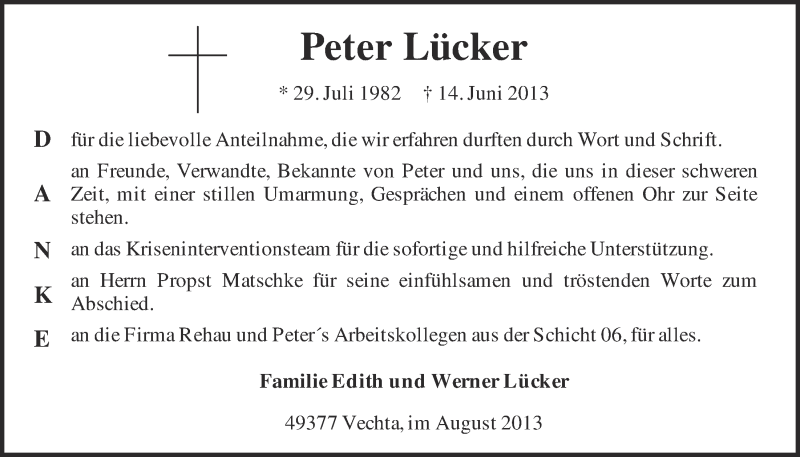  Traueranzeige für Peter Lücker vom 03.08.2013 aus OM-Medien
