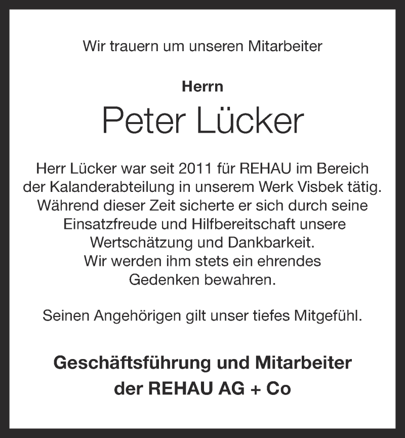  Traueranzeige für Peter Lücker vom 25.06.2013 aus OM-Medien