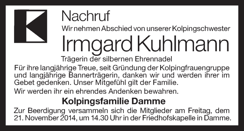  Traueranzeige für Irmgard Kuhlmann vom 19.11.2014 aus OM-Medien