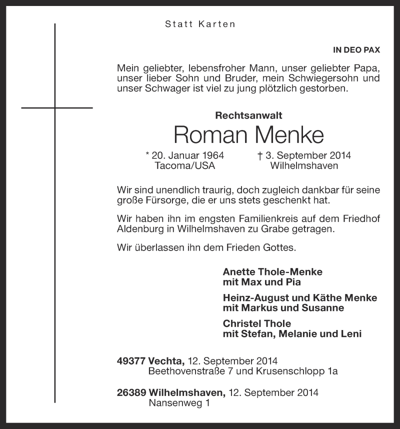  Traueranzeige für Roman Menke vom 12.09.2014 aus OM-Medien