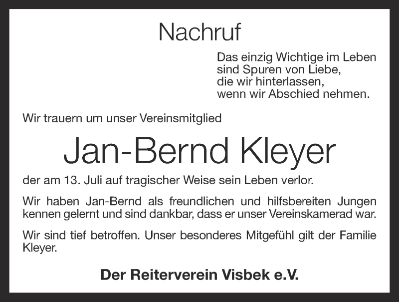  Traueranzeige für Jan-Bernd Kleyer vom 19.07.2013 aus OM-Medien