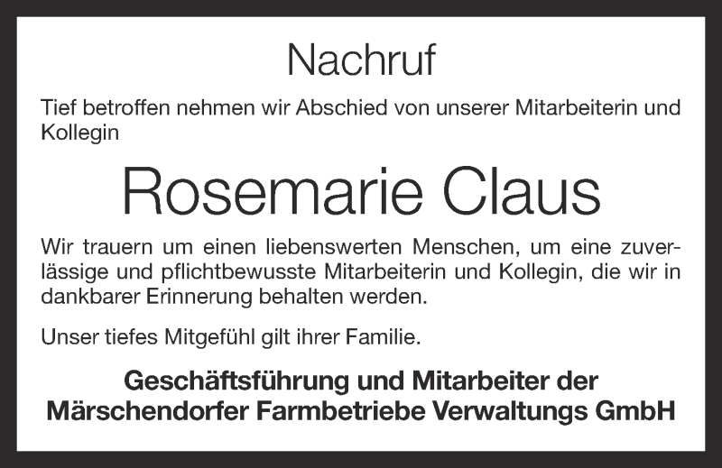  Traueranzeige für Rosemarie Claus vom 12.11.2013 aus OM-Medien