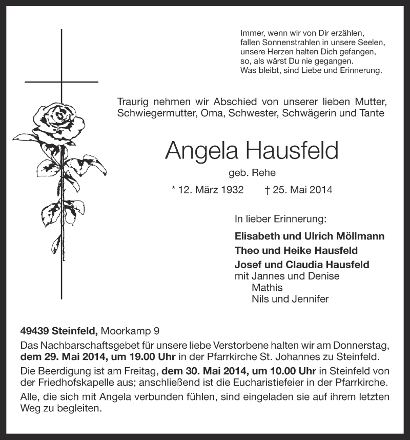  Traueranzeige für Angela Hausfeld vom 27.05.2014 aus OM-Medien