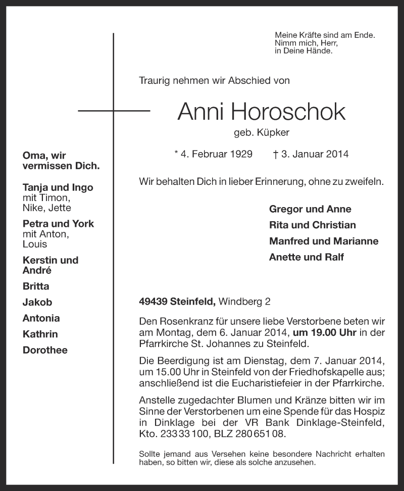 Traueranzeige für Anni Horoschok vom 04.01.2014 aus OM-Medien