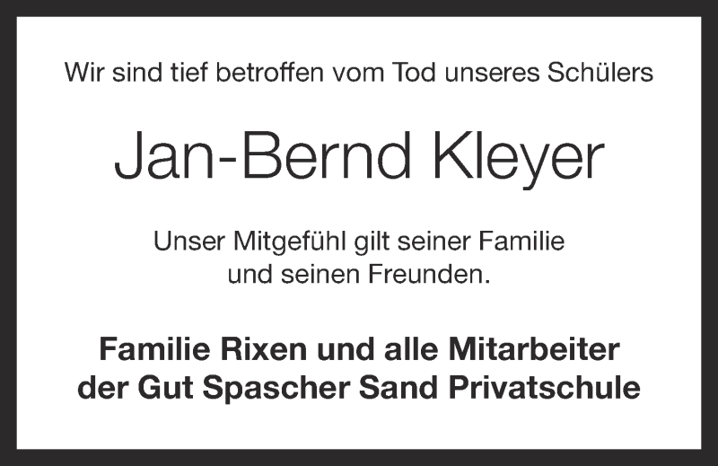  Traueranzeige für Jan-Bernd Kleyer vom 19.07.2013 aus OM-Medien
