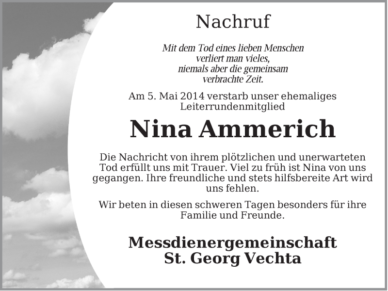  Traueranzeige für Nina Ammerich vom 09.05.2014 aus OM-Medien