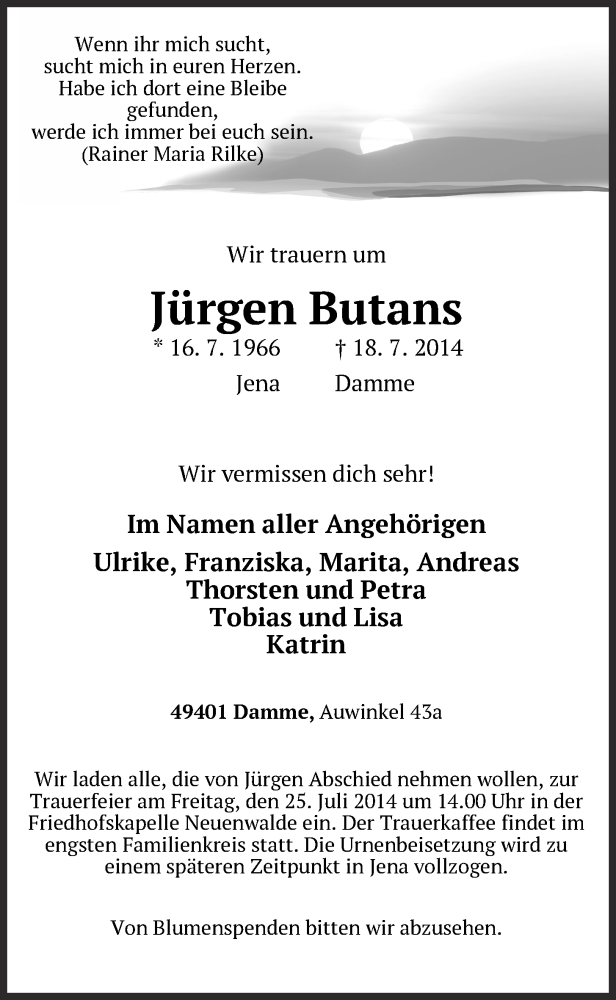  Traueranzeige für Jürgen Butans vom 23.07.2014 aus OM-Medien