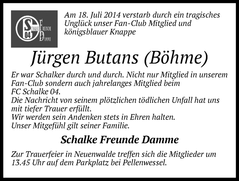  Traueranzeige für Jürgen Butans vom 23.07.2014 aus OM-Medien