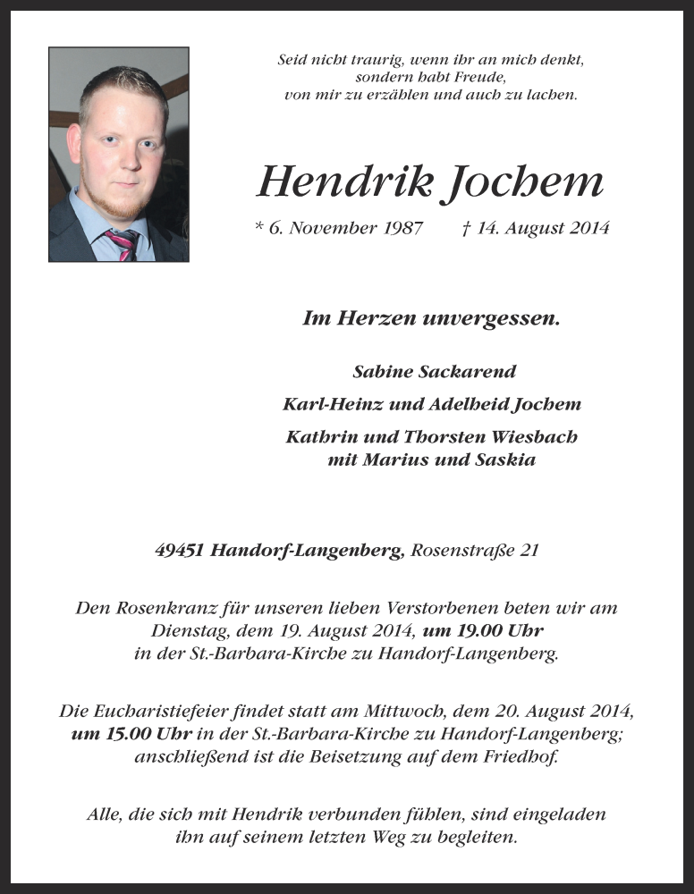  Traueranzeige für Hendrik Jochem vom 16.08.2014 aus OM-Medien