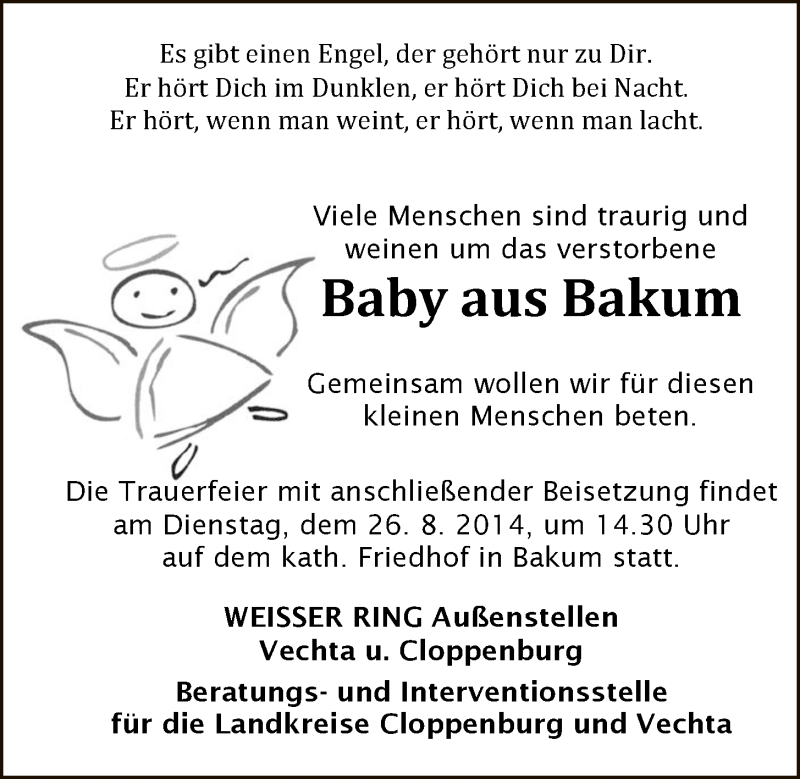  Traueranzeige für Baby aus Bakum  vom 23.08.2014 aus OM-Medien