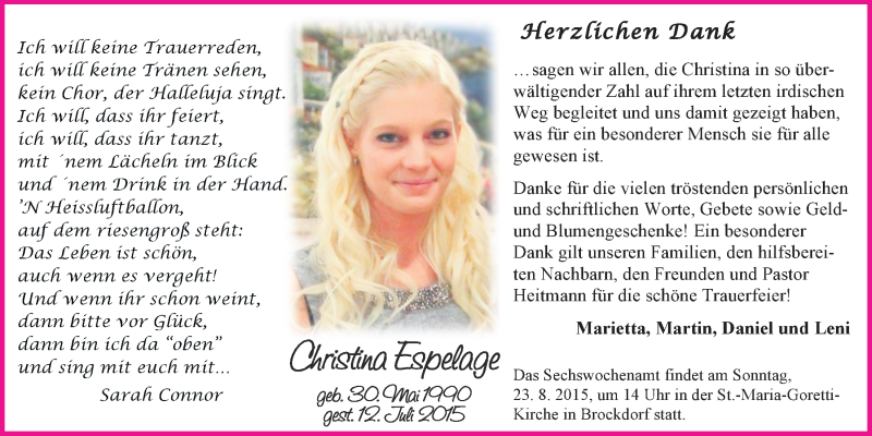  Traueranzeige für Christina Espelage vom 20.08.2015 aus OM-Medien