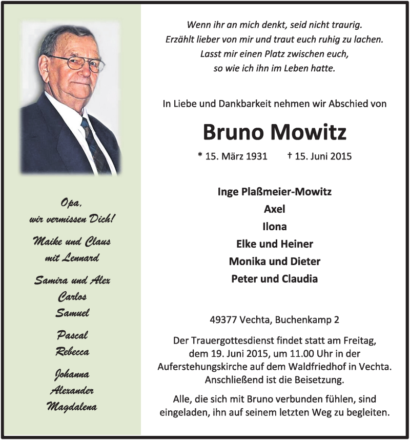  Traueranzeige für Bruno Mowitz vom 17.06.2015 aus OM-Medien