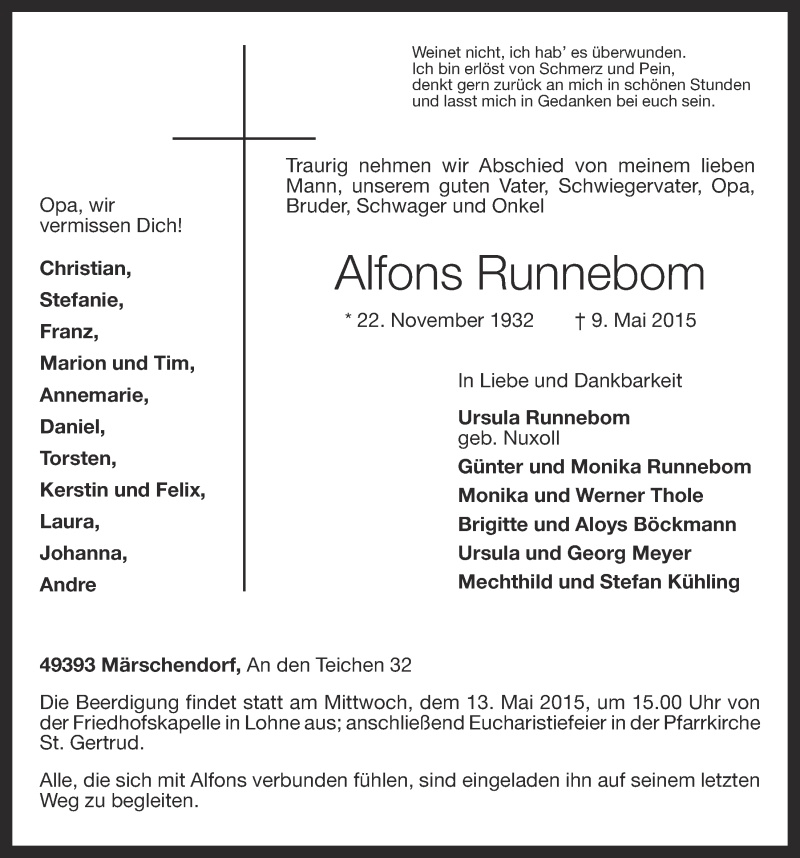  Traueranzeige für Alfons Runnebom vom 11.05.2015 aus OM-Medien