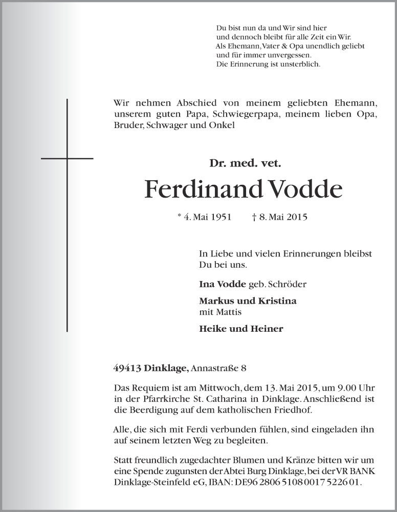  Traueranzeige für Ferdinand Vodde vom 11.05.2015 aus OM-Medien