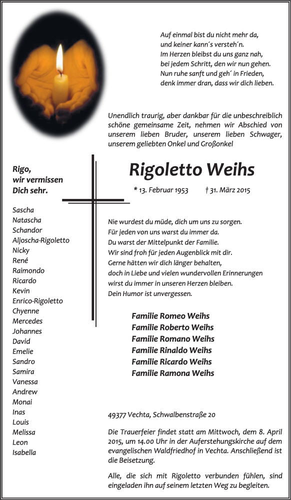  Traueranzeige für Rigoletto Weihs vom 04.04.2015 aus OM-Medien