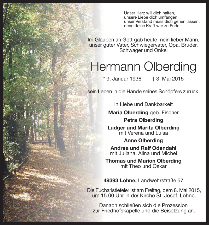  Traueranzeige für Hermann Olberding vom 05.05.2015 aus OM-Medien