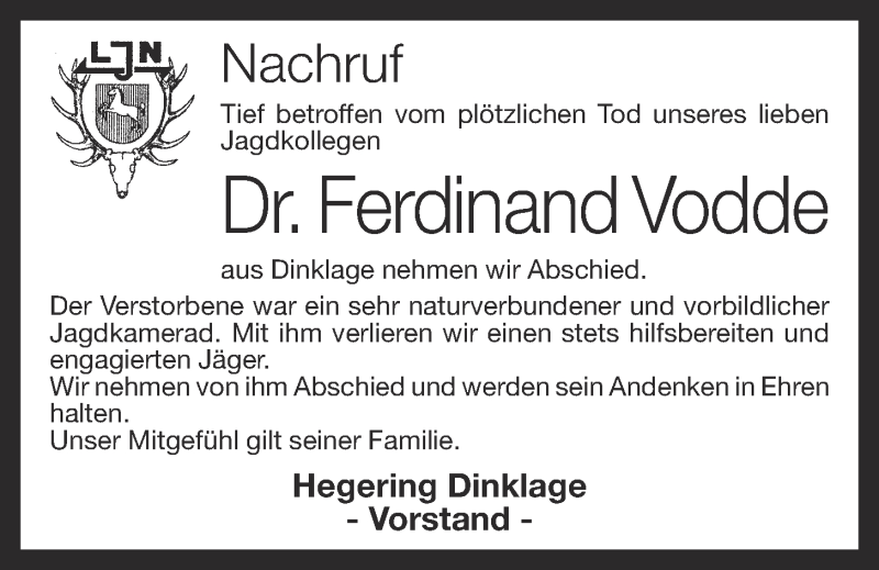  Traueranzeige für Ferdinand Vodde vom 12.05.2015 aus OM-Medien
