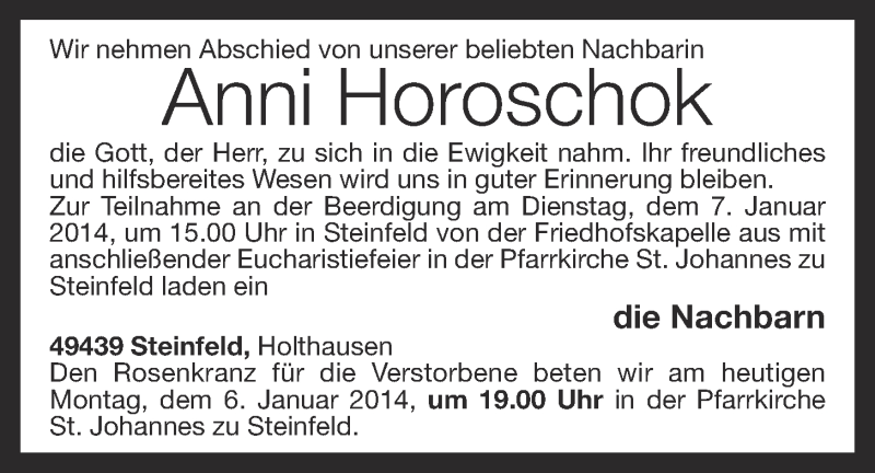  Traueranzeige für Anni Horoschok vom 06.01.2014 aus OM-Medien