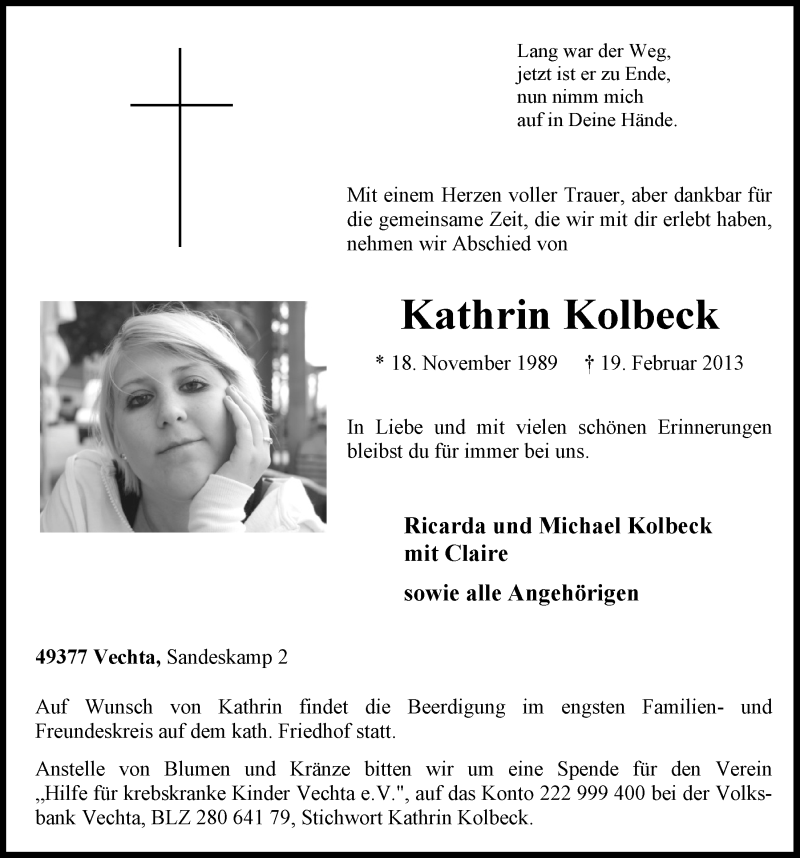  Traueranzeige für Kathrin Kolbeck vom 21.02.2013 aus OM-Medien