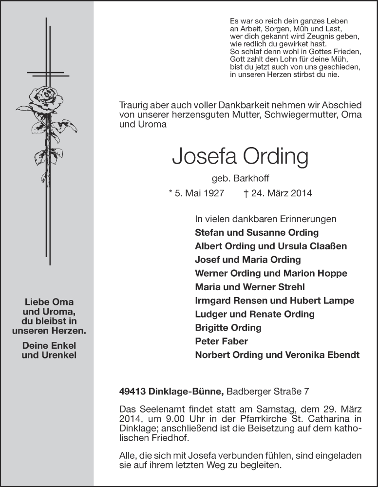  Traueranzeige für Josefa Ording vom 25.03.2014 aus OM-Medien
