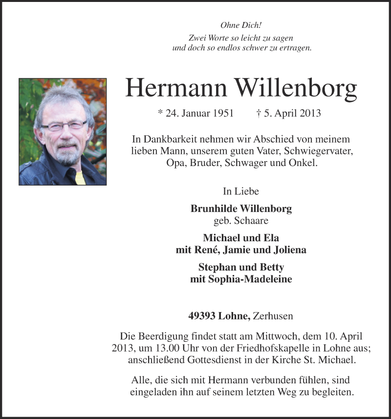  Traueranzeige für Hermann Willenborg vom 06.04.2013 aus OM-Medien