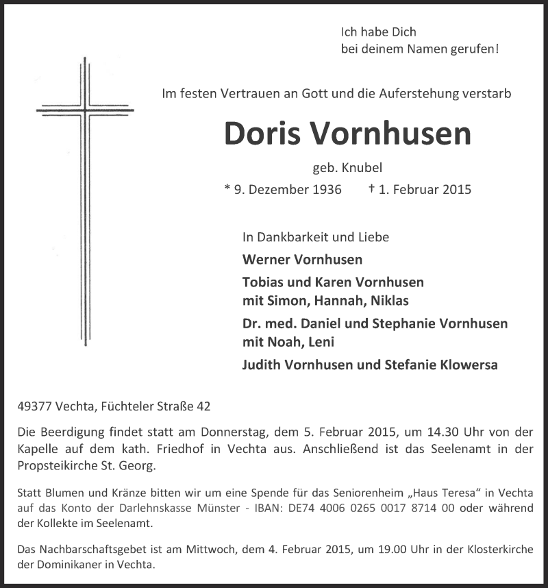  Traueranzeige für Doris Vornhusen vom 03.02.2015 aus OM-Medien