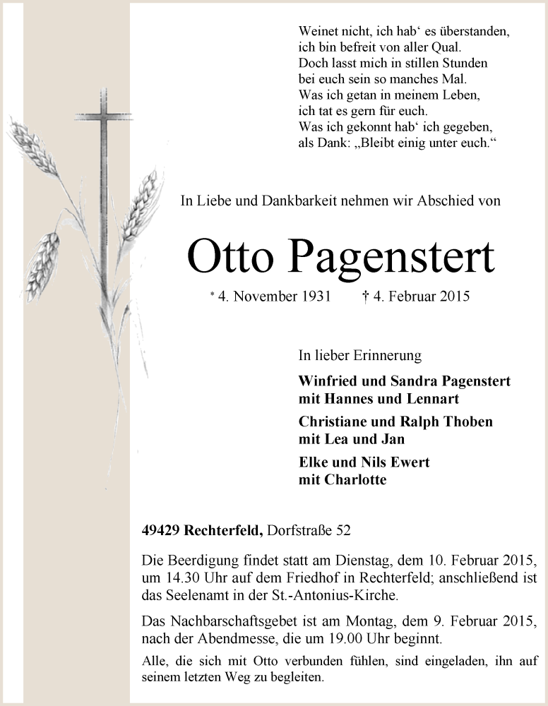  Traueranzeige für Otto Pagenstert vom 06.02.2015 aus OM-Medien