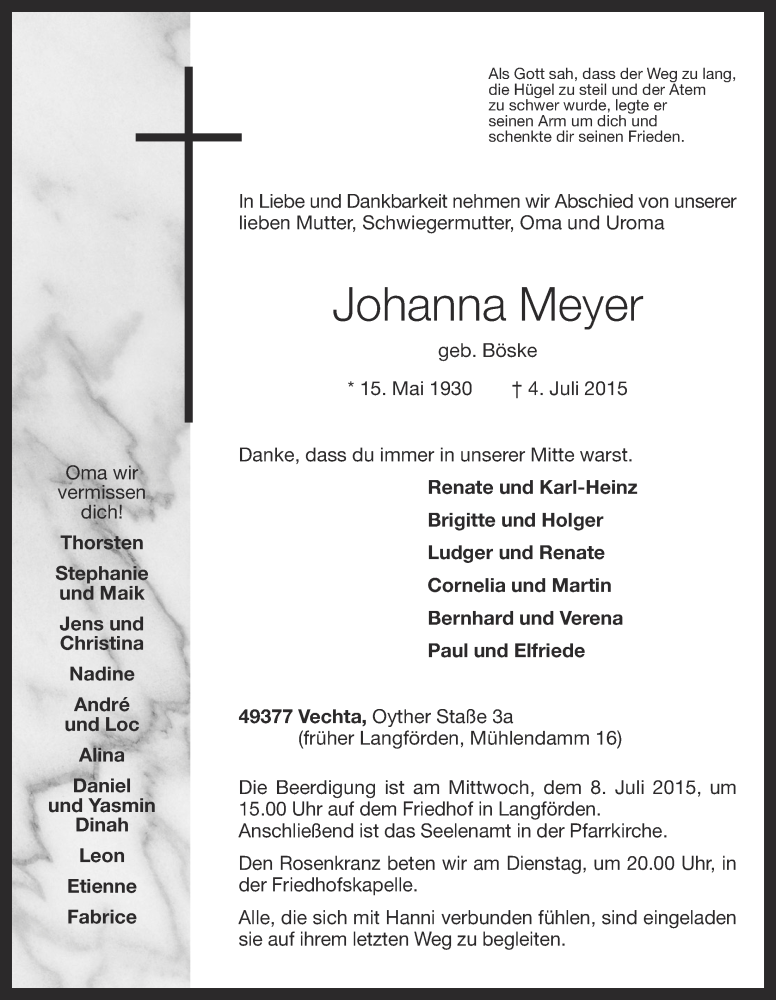  Traueranzeige für Johanna Meyer vom 06.07.2015 aus OM-Medien